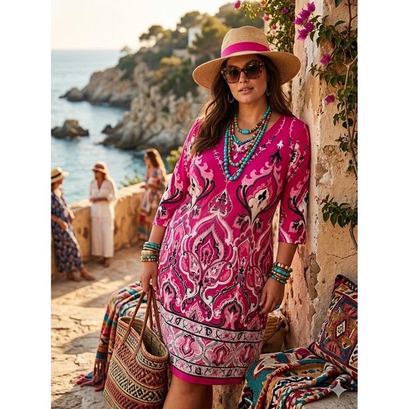 Chico's Dresses & Skirts - Chicos Paisley Print Shift Dress 3/4 Sleeve Plus Size 20/22 Coastal Boho Chic